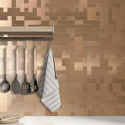 DICOFUN 10 Sheets Copper Peel and Stick Tile Backsplash, Stainless Steel Kitchen Metal Backsplash Tile, Stick on Backsplash for Stove, Brushed Gold
