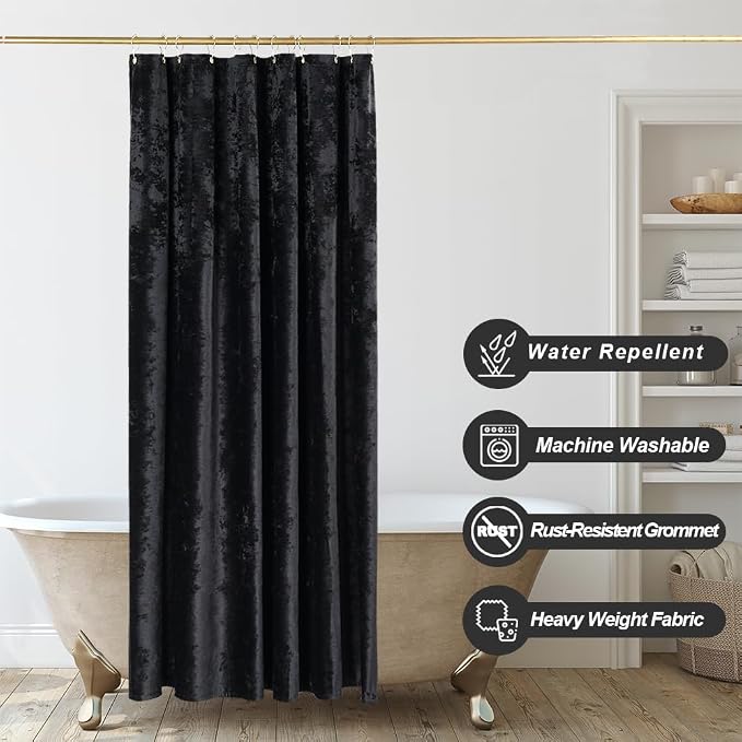 TAMGHO Black Shower Curtain for Bathroom, Luxury Crushed Velvet Shower Curtain Black, Dark Shower Curtain Set with Gold Decro Metal Hooks, Machine Washable Thick Fabric, 72 x 72 inches
