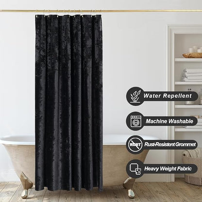 TAMGHO Black Shower Curtain for Bathroom, Luxury Crushed Velvet Shower Curtain Black, Dark Shower Curtain Set with Gold Decro Metal Hooks, Machine Washable Thick Fabric, 72 x 72 inches
