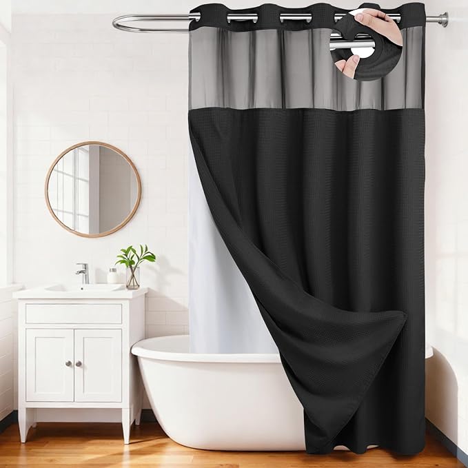 RiverDream Heavyweight Waffle No Hook Shower Curtain with Liner,Black,71x86 | Dotted Waffle,Snap-in Liner,Heavy Duty,Quick Dry,Mesh Top Window,With Bottom Magnets,Hotel-Grade,Washable,Extra Long Size