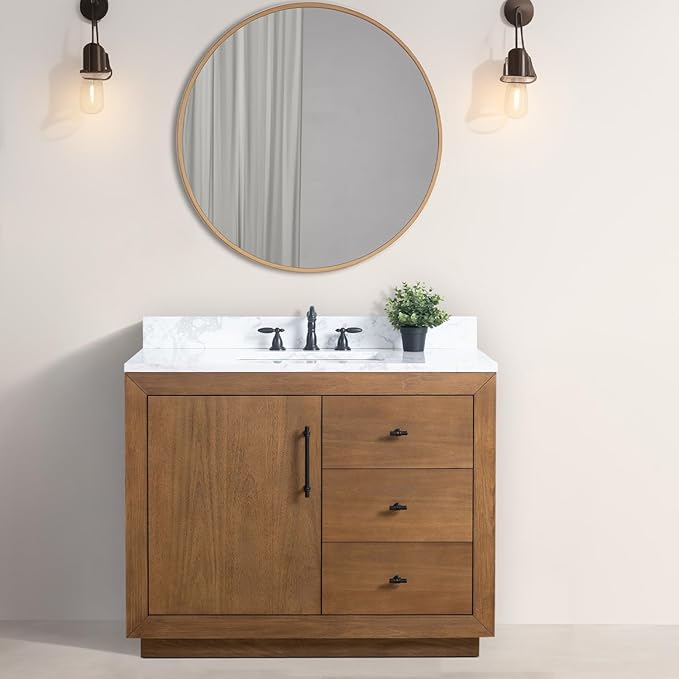 Vanity Art 42" Bathroom Vanity with Sink,Solid Poplar Wood, Vanity Cabinet with Doors and Shelf, Modern Wood Bathroom Vanity with White Marble Top, 2 Right Functioning Shaker Drawer, VA70-42-T-E