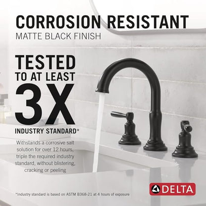 Delta Roe Matte Black Bathroom Faucet 3 Hole, 8 Inch Widespread Bathroom Sink Faucet for Vanity, Push-Pop Drain Assembly, Matte Black 35985LF-BL
