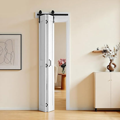 VEVOR Bifold Barn Door, 24" x 84", MDF Bi-Fold Sliding Closet Doors, Header Board and Hardware Kit Included, H-Frame Space-Saving Design, Panels Need to Assemble, Waterproof & Quiet, White