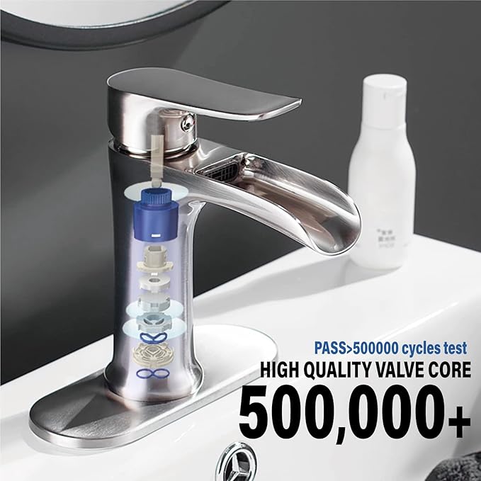 Yundoom Brushed Nickel Bathroom Faucet,Bathroom Sink Faucet,Waterfall Bathroom Faucet,Single Hole Or 3 Hole Bathroom Faucet with 4 Inch Deck Plate,Farmhouse Rv Brass Bathroom Faucet,BF01
