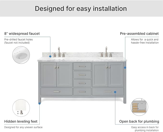 ARIEL Cambridge 72-inch Bathroom Vanity with Sink,Solid Wood, 1.5-inch Italian Carrara Marble Countertop & Backsplash, Double Oval Porcelain Sink, 4 Soft Closing Doors, 6 Dovetail Drawers, Grey