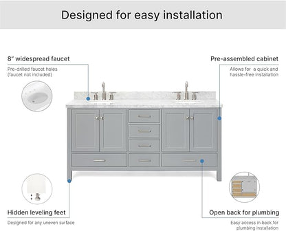 ARIEL Cambridge 72-inch Bathroom Vanity with Sink,Solid Wood, 1.5-inch Italian Carrara Marble Countertop & Backsplash, Double Oval Porcelain Sink, 4 Soft Closing Doors, 6 Dovetail Drawers, Grey