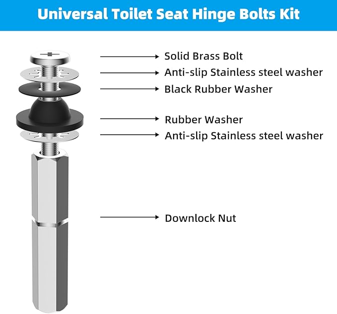 Hibbent 4 PCS Universal Toilet Seat Bolts Kit, Heavy Duty Stainless Steel Toilet Bolts with Extra Long Downlock Nuts Rubber Washers Gaskets, Easy to Install -Bathroom Toilet Repair Screw