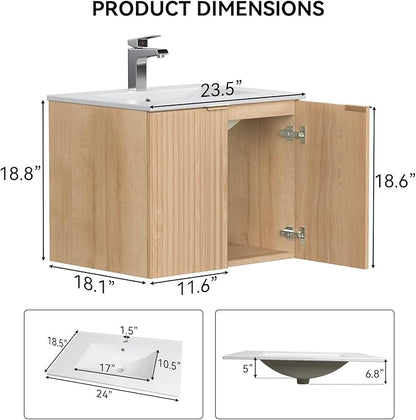 Modern Bathroom Vanity with Sink, Floating Wall Mount Cabinet with Wavy Textured Doors, Waterproof Storage for Small Bathroom, Soft-Close Design, Nature Wood (24")
