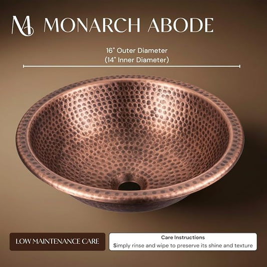 Monarch Abode Bathroom Sink – 16-Inch Rotunda Dual Mount Undermount or Drop In Bathroom Sinks, Bathrooms Hand Hammered Pure Copper Vanity Sink for Countertop, Powder Room, Bath, or Restroom