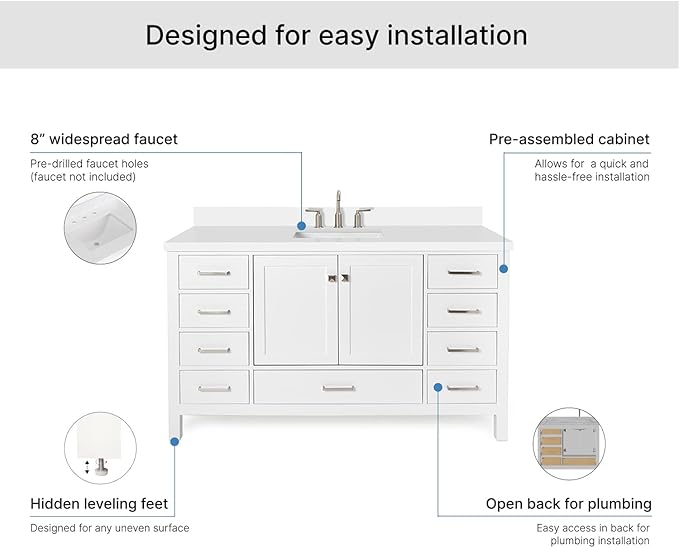 ARIEL Cambridge 60-inch Bathroom Vanity with Sink,Solid Wood, 1.5-inch Pure White Quartz Countertop & Backsplash, Single Rectangular Porcelain Sink, 2 Soft Closing Doors, 9 Dovetail Drawers, White