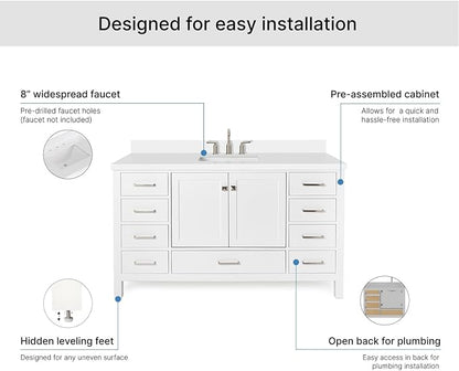 ARIEL Cambridge 60-inch Bathroom Vanity with Sink,Solid Wood, 1.5-inch Pure White Quartz Countertop & Backsplash, Single Rectangular Porcelain Sink, 2 Soft Closing Doors, 9 Dovetail Drawers, White