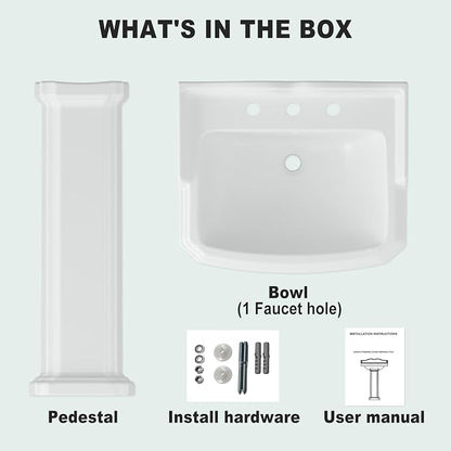 Bathroom Pedestal Sinks,Pedestal Sink 23" W X 19" D Vintage White Ceramic Pedestal Bathroom Sink With Overflow and 3 Pre-Drilled Holes - Fits 8-Inch Faucets