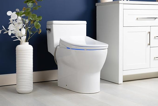 ALPHA BIDET iX Pure Bidet Toilet Seat in Elongated White | Ultra Low Profile | Endless Warm Water | Arced Stainless Steel Nozzle | Blue LED Nightlight | Dryer