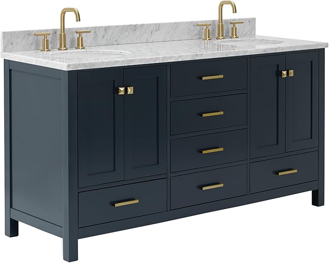ARIEL Cambridge 66-inch Bathroom Vanity with Sink,Solid Wood, 0.75-inch Italian Carrara Marble Countertop, Double Oval Porcelain Sink, 4 Soft Closing Doors, 6 Dovetail Drawers, Midnight Blue