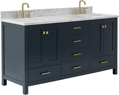 ARIEL Cambridge 66-inch Bathroom Vanity with Sink,Solid Wood, 0.75-inch Italian Carrara Marble Countertop, Double Oval Porcelain Sink, 4 Soft Closing Doors, 6 Dovetail Drawers, Midnight Blue