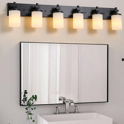 LOUSACE Bathroom Lighting Fixture Over Mirror, 6 Light Bathroom Vanity Lights Matte Black with Opal White Glass Shades, E26 Bulb Base, Wall Sconces Vanity Lighting Fixtures for Bathroom Living Room
