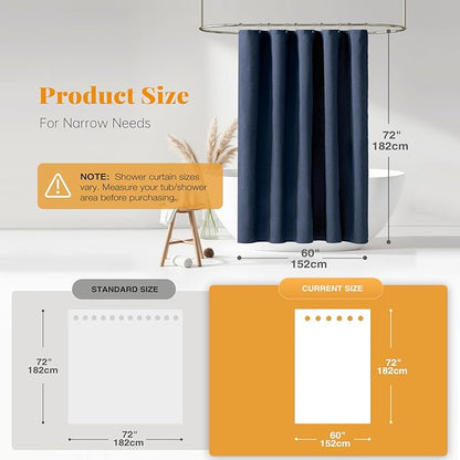 BTTN 60 Inch Fabric Shower Curtain, Stall Linen Textured Waterproof Heavy Duty Cloth Shower Curtain Set with 10 Plastic Hooks, Narrow Hotel Luxury Washable Bath Curtains for Bathroom, 60x72, Navy Blue