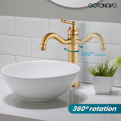 gotonovo Bathroom Vessel Sink Faucet Single Handle Brass Long Reach Bathroom Faucet 1 Hole Deck Mounted Mixer Tap with Pop Up Drain Antique Brass