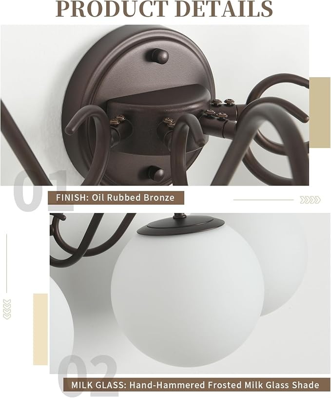 4 Lights Vintage Bathroom Vanity Light Fixtures Over Mirror, Oil Rubbed Bronze Vanity Lights For Bathroom With Milk Glass Globe Shade, Wall Lights For Bedroom, Hallway, Dressing Table(G9 Incl.)