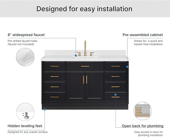 ARIEL Hepburn 60-inch Bathroom Vanity with Sink,Solid Wood, 1.5-inch Carrara White Quartz Countertop & Backsplash, Single Rectangular Porcelain Sink, 2 Soft Closing Doors, 9 Dovetail Drawers, Black