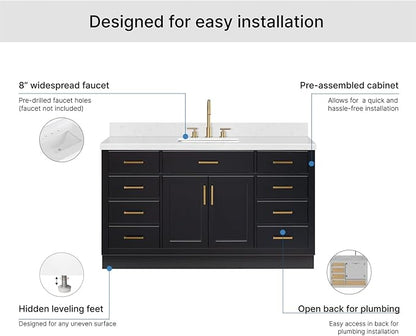 ARIEL Hepburn 60-inch Bathroom Vanity with Sink,Solid Wood, 1.5-inch Carrara White Quartz Countertop & Backsplash, Single Rectangular Porcelain Sink, 2 Soft Closing Doors, 9 Dovetail Drawers, Black