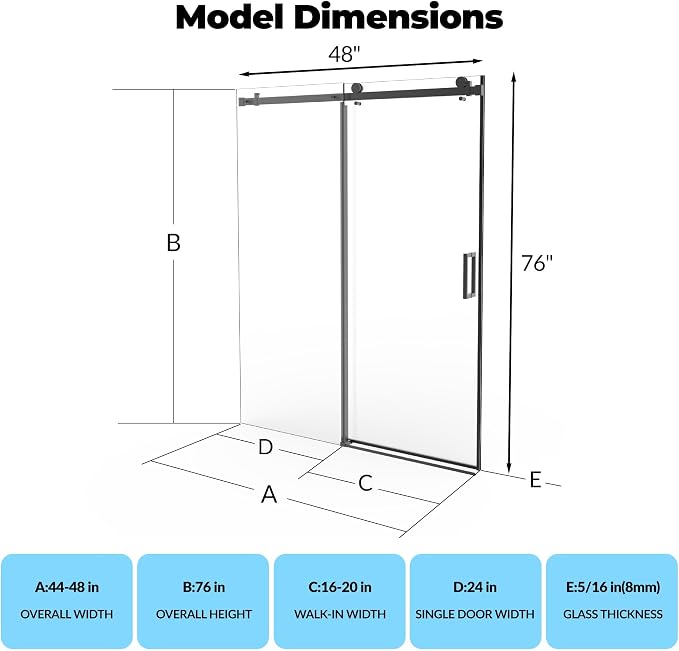 Shower Doors, Frameless Shower Door 44-48" W x 76" H, Sliding Glass with 5/16" (8mm) Clear Tempered Glass for Bathroom