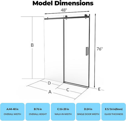 Shower Doors, Frameless Shower Door 44-48" W x 76" H, Sliding Glass with 5/16" (8mm) Clear Tempered Glass for Bathroom