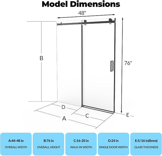 Frameless Sliding Shower Door, 44" to 48" Adjustable Width x 76" Height, 1/4" (6mm) SGCC Tempered Clear Glass with Easy-to-Clean Coating, Matte Black Round Rail