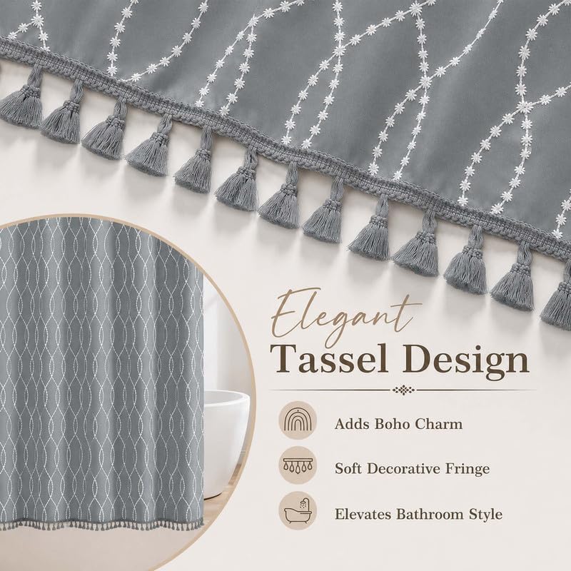 OVZME Dark Grey Stall Shower Curtain for Bathroom, Puff Printed Textured Shower Curtain with Tassels, Geometry Heavy Duty Vintage Country Narrow Bathroom Curtain, Water Resistant Fabric, 36Wx72L