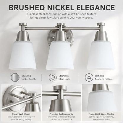 3-Light Bathroom Vanity Light, Brushed Nickel Finish with Milk Glass Shades, Over Mirror, for Bathroom Vanity