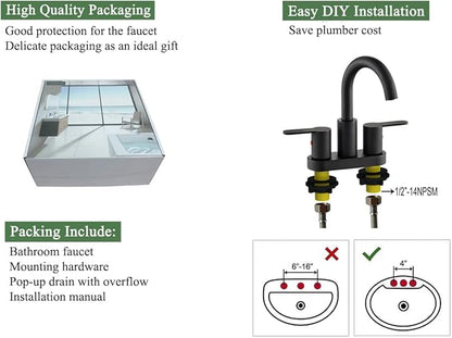Matte Black Two Handle Centerset Bathroom Sink Faucet with Pop up Drain, High Arc Modern 4 Inch Bathroom Vanity Lavatory Faucet 3 Holes with Brass 360° Swivel Spout, TAF067E-MB