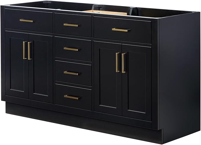 ARIEL Hepburn 60-inch Bathroom Vanity with Sink,Solid Wood, 1.5-inch Carbon Black Quartz Countertop, Double Rectangular Porcelain Sink, Soft Closing Doors, Dovetail Drawers, Black