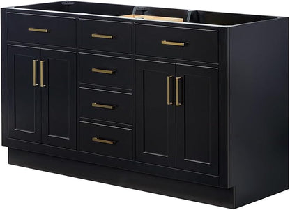 ARIEL Hepburn 60-inch Bathroom Vanity with Sink,Solid Wood, 1.5-inch Carbon Black Quartz Countertop, Double Rectangular Porcelain Sink, Soft Closing Doors, Dovetail Drawers, Black