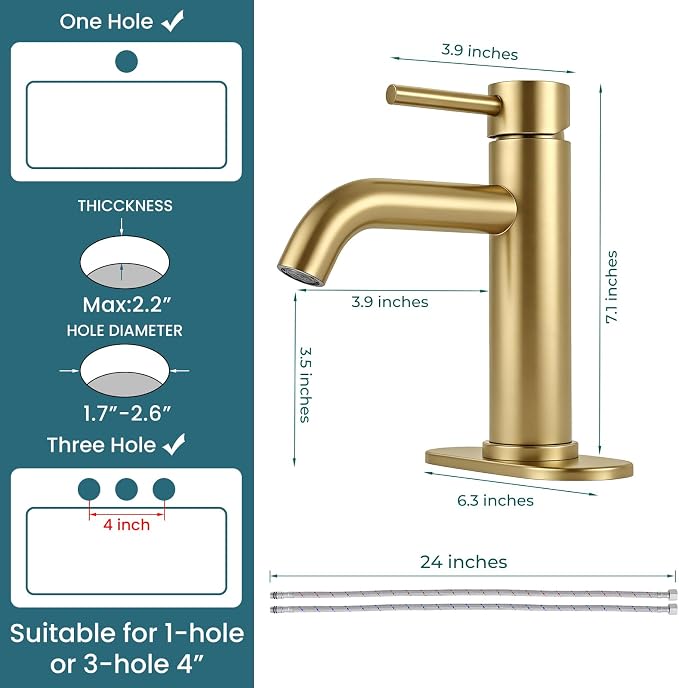 Brushed Gold Bathroom Faucet Single Handle Bathroom Sink Faucet | with Pop-up Drain & Deck,Supply Hoses,Stainless Steel Bathroom Sink Faucet 1/3 Hole,Water-saving aerator,Fits home,RV