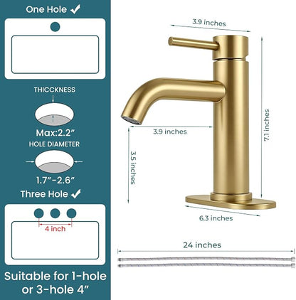Brushed Gold Bathroom Faucet Single Handle Bathroom Sink Faucet | with Pop-up Drain & Deck,Supply Hoses,Stainless Steel Bathroom Sink Faucet 1/3 Hole,Water-saving aerator,Fits home,RV