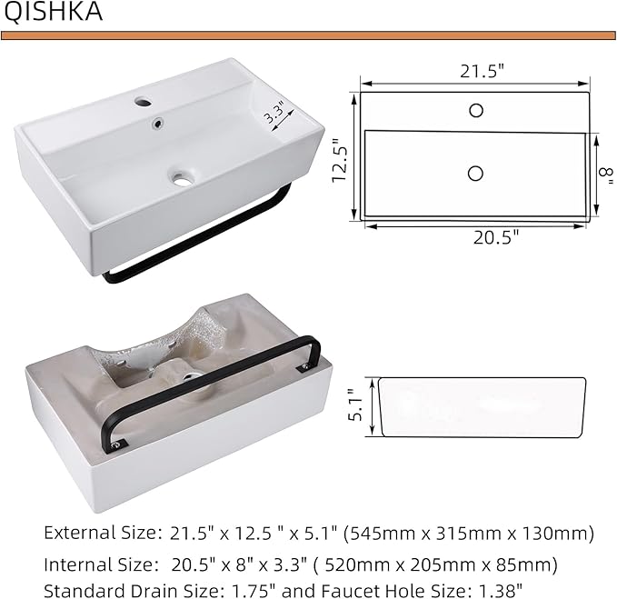 Wall Mount Rectangular Vessel Sink with Towel Rack, QISHKA 21.5"x12.5" Modern Ceramic Bathroom Floating Sink, White Rectangle Vanity Sink with Overflow, Wall Hung Wash Hand Basin