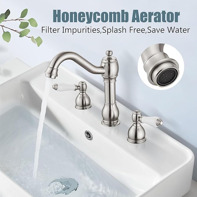 Aolemi 8 Inch Widespread Bathroom Sink Faucet 3 Hole Deck Mount Vanity Basin Mixer Tap with Pop Up Drain Assembly Brushed Nickel Double Ceramic Handle