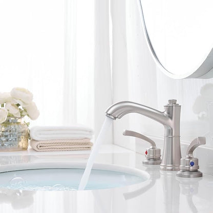 Solid Brass Brushed Nickel Bathroom Faucet 3 Hole, 2 Handle | 8 Inch Widespread, 10 Mins Install, NSF/ANSI/CAN 372, cUPC, DOE, Pre-Installed Water Hose, with Pop up Drain, for Vanity