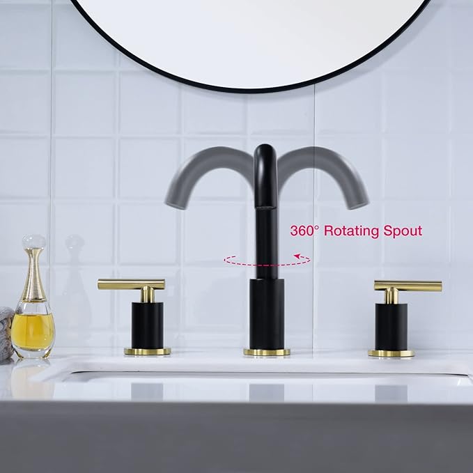 TRUSTMI Brass Bathroom Faucet 2 Handle 8 Inch Widespread Vanity Sink Mixer Faucet with Overflow Pop Up Drain Assembly, Swivel Spout, Matte Black and Brushed Gold