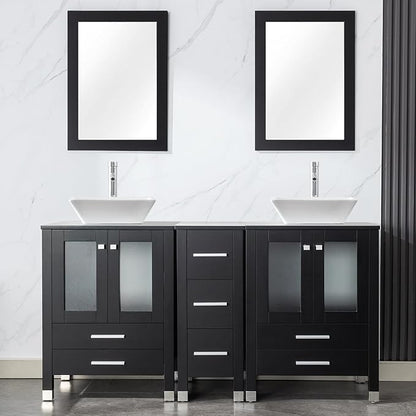 LUCKWIND 60" Double 24" Bathroom Vanity with Sink Combo, Elegant Series with One 12.6-in Side Cabinet, Painted Frame, Including White Square Sinks, Faucets Without Mirrors, Black