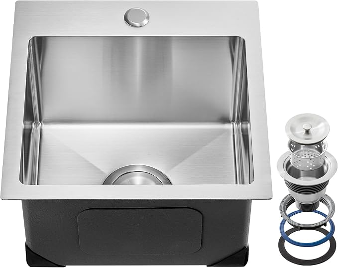VEVOR 33" Kitchen Workstation, 304 Stainless Steel Top Mount, Built-in Single Bowl Farmhouse with Accessories, Home Dishwasher Sink, for RV, Prep Kitchen and Bar (Black) (Silver, 15IN)