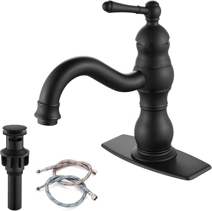 gotonovo Bathroom Faucet 1 Hole Vintage,Matte Black,7.1” Spout Reach | Bathroom Sink Faucet for 1 or 3 Hole Single Handle,Deck Plate,360° Swivel Spout,Pop Up Drain,cUPC Supply Hoses,for Vanity RV