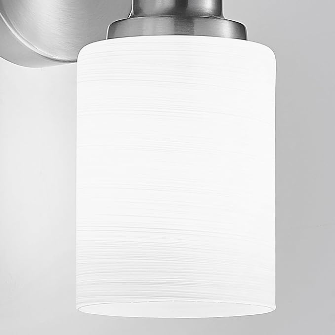 2-Light Vanity Lights, Brushed Nickel Bathroom Light Fixture with Striped Textured Milky White Glass Shade, E26 Modern Vanity Lighting Fixture for Bathroom Wall Sconce Light Over Mirror