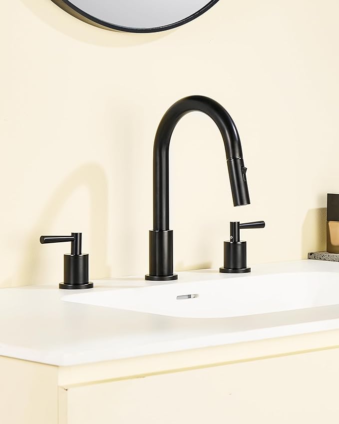 Bathroom Faucet with Sprayer - Matte Black Bathroom Faucet 3 Holes - Widespread Sink Faucets 2 Handles - Pull Down Vanity Faucets with Pop Up Drain and Supply Lines