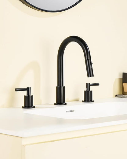 Bathroom Faucet with Sprayer - Matte Black Bathroom Faucet 3 Holes - Widespread Sink Faucets 2 Handles - Pull Down Vanity Faucets with Pop Up Drain and Supply Lines