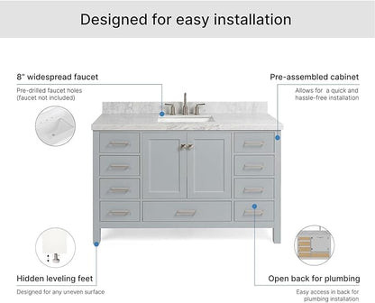ARIEL Cambridge 54-inch Bathroom Vanity with Sink,Solid Wood, 1.5-inch Italian Carrara Marble Countertop, Single Rectangular Porcelain Sink, 2 Soft Closing Doors, 9 Dovetail Drawers, Grey