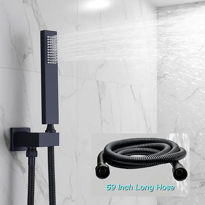 Temperature Display Shower Faucet Set Matte Black Shower System | 14x20-Inch Rainfall Waterfall LED Shower Head and Handle Set, 3 Modes Can Be Used Simultaneously