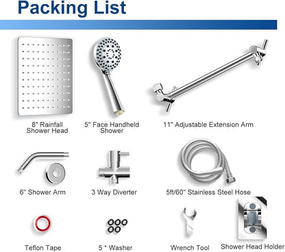 Shower Head, 8'' Rain Shower Head with Handheld Spray, High Pressure Rainfall Showerhead Combo with Adjustable Shower Extension Arm 5 Modes Handheld Shower Heads Detachable Dual Shower, Chrome