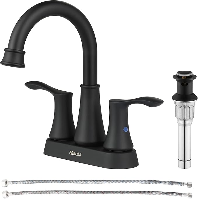 PARLOS 2-Handle Bathroom Sink Faucet High Arc Swivel Spout with Metal Drain Assembly and Faucet Supply Lines, Matte Black, Demeter 14134
