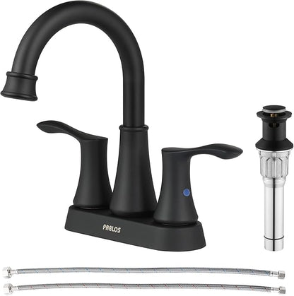 PARLOS 2-Handle Bathroom Sink Faucet High Arc Swivel Spout with Metal Drain Assembly and Faucet Supply Lines, Matte Black, Demeter 14134